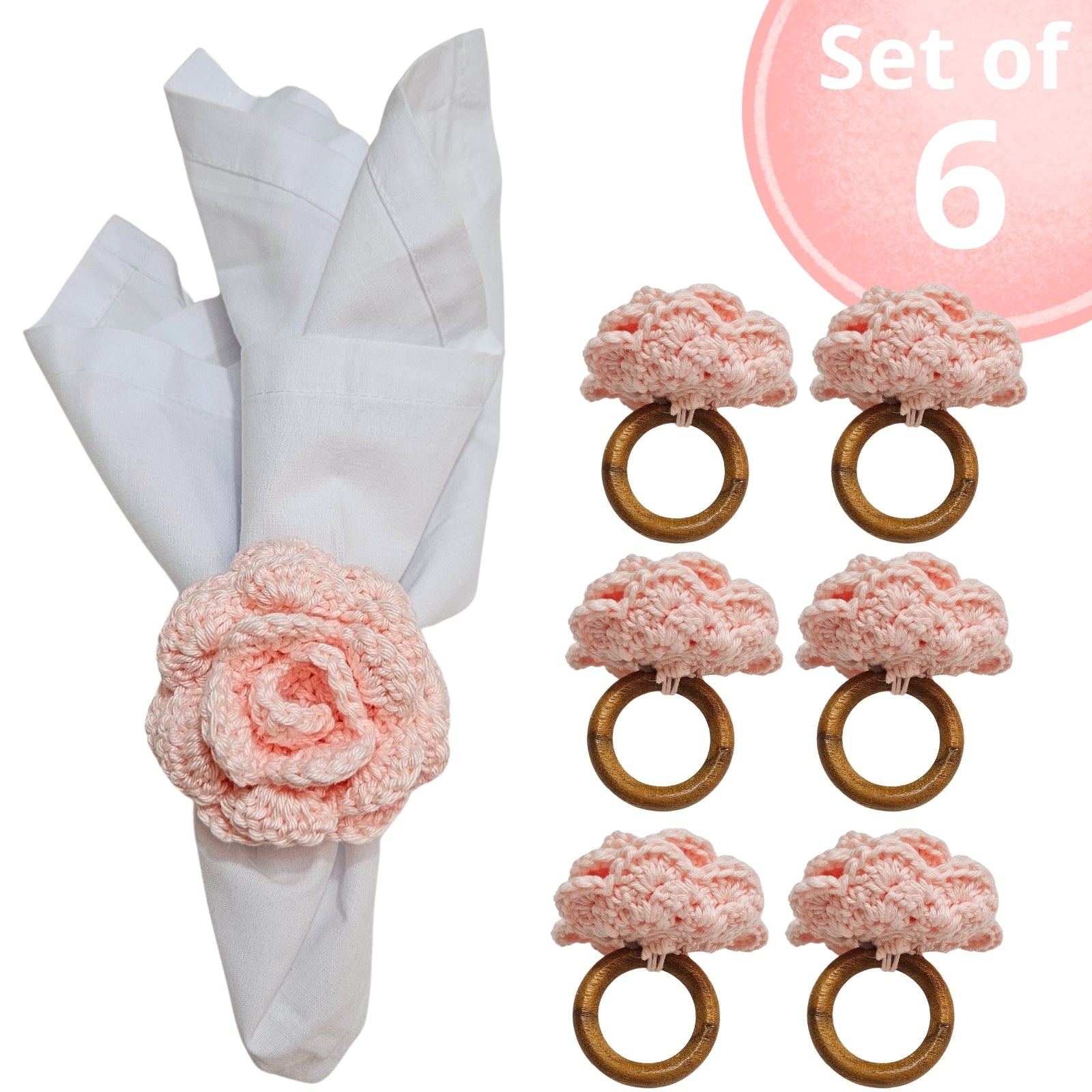 Charlo's Set of Baby Pink Crochet Rosebud Flower Napkin Rings