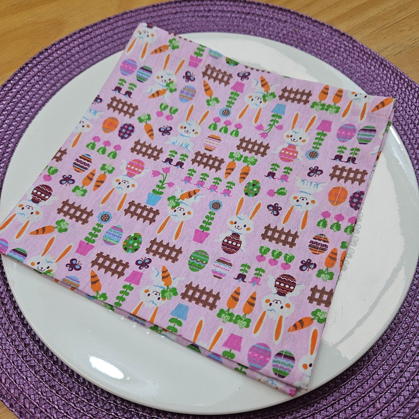 Charlo's Easter Pink Cotton Cloth Napkins Easter Bunny Delight Joyful 15 x15