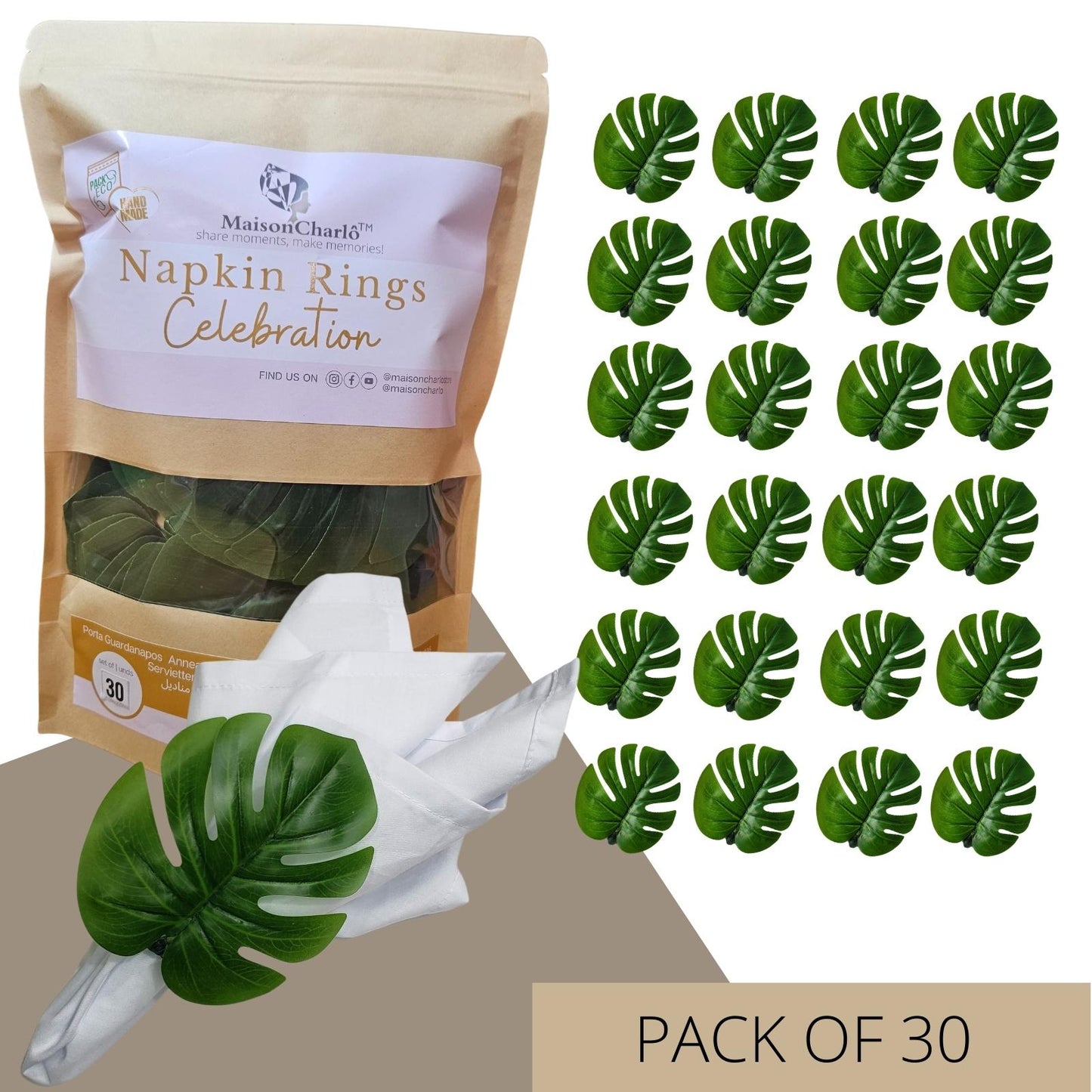 Maison Charlô | Wholesale Set 30 or 60 Green Monstera Leaf Napkin Rings Ecofriendly Pack