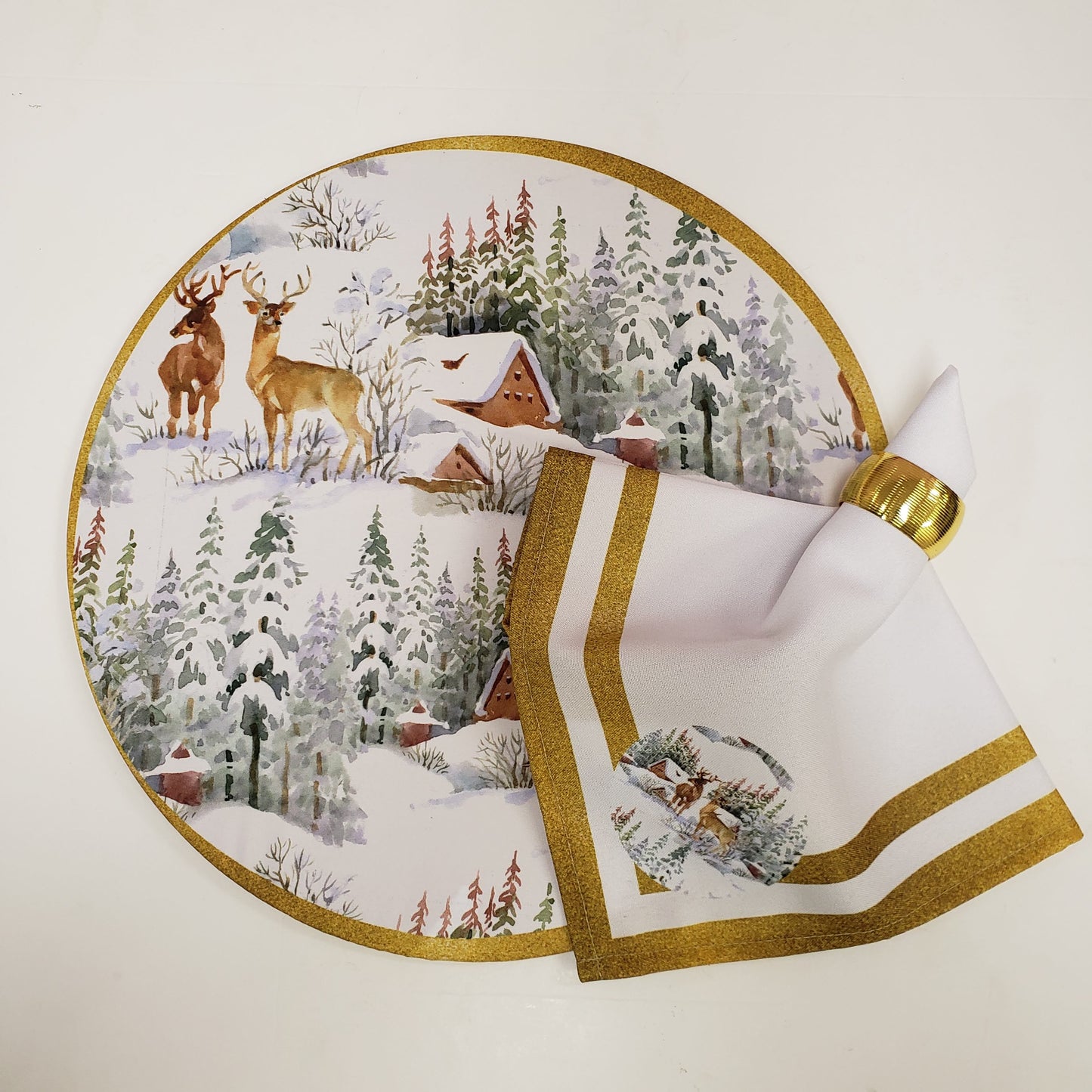 Charlo's Cloth Napkins Set of 4 Christmas Reindeer 16" by 16" - Gold