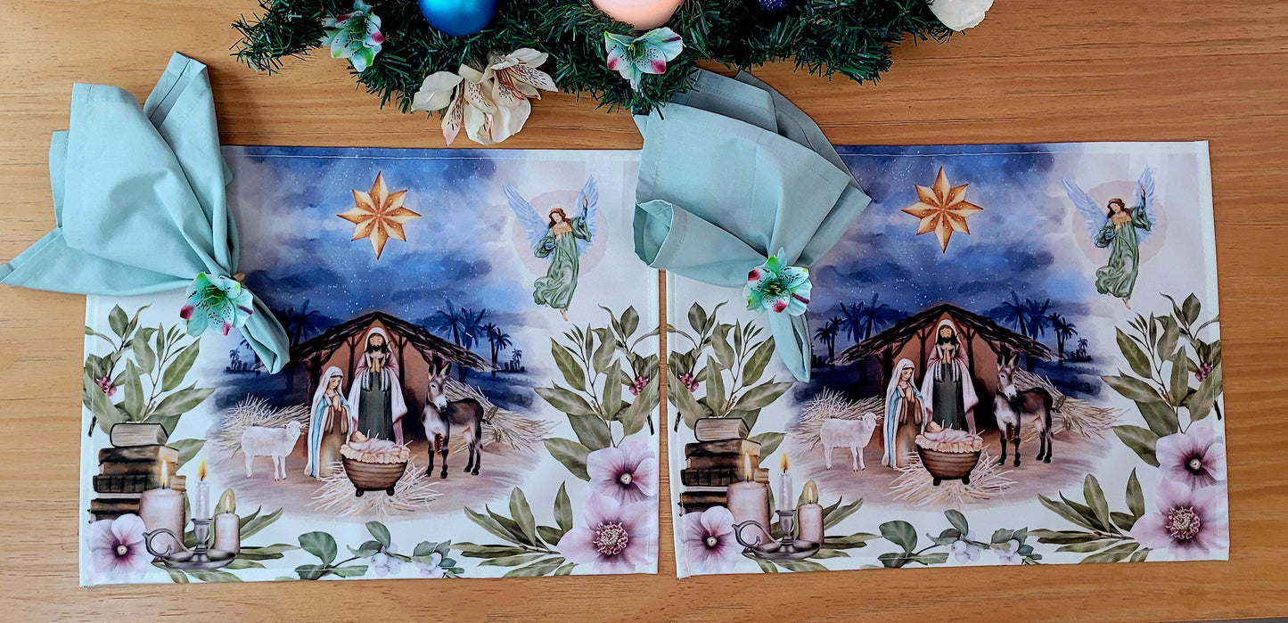 Set of 4 Placemats Christmas Happy Night Cloth Waterproof 17" by 13" - White