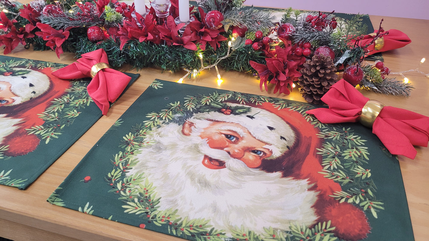 Set of 4 Placemats Christmas Santa Claus Cloth Waterproof 17" by 13" - Green