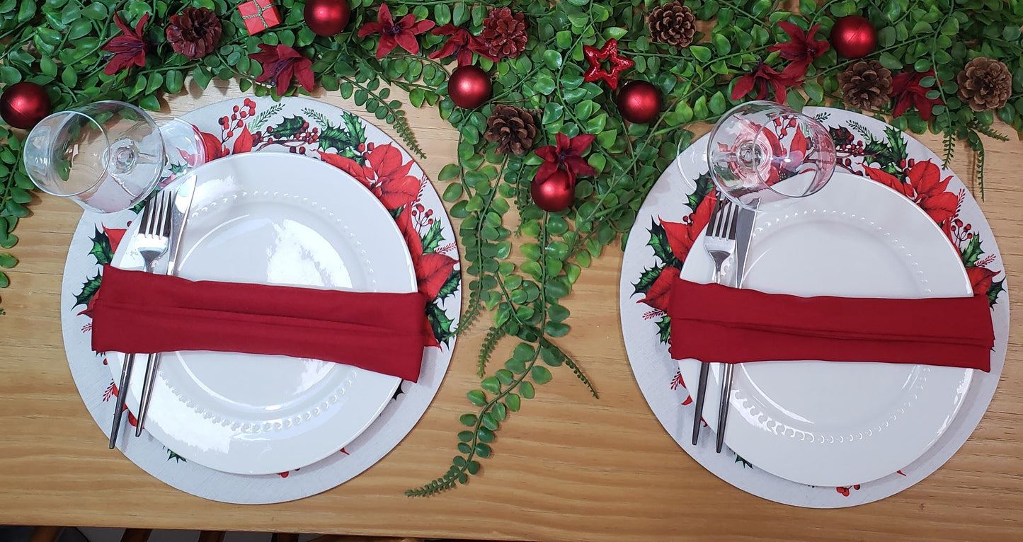 Set of 4 Round Placemats Covers Christmas Flower Cloth 14" Dia | Grey