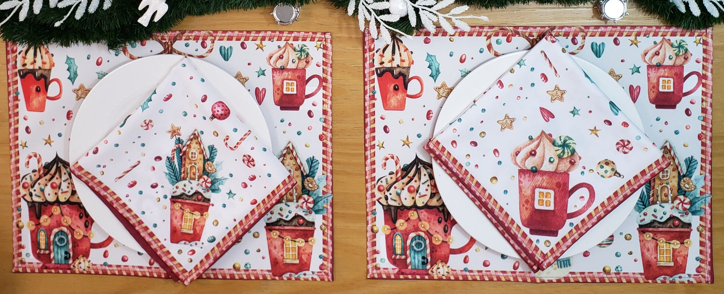 Set of 4 Placemats Christmas Candy Cloth Waterproof 17" by 13" - White