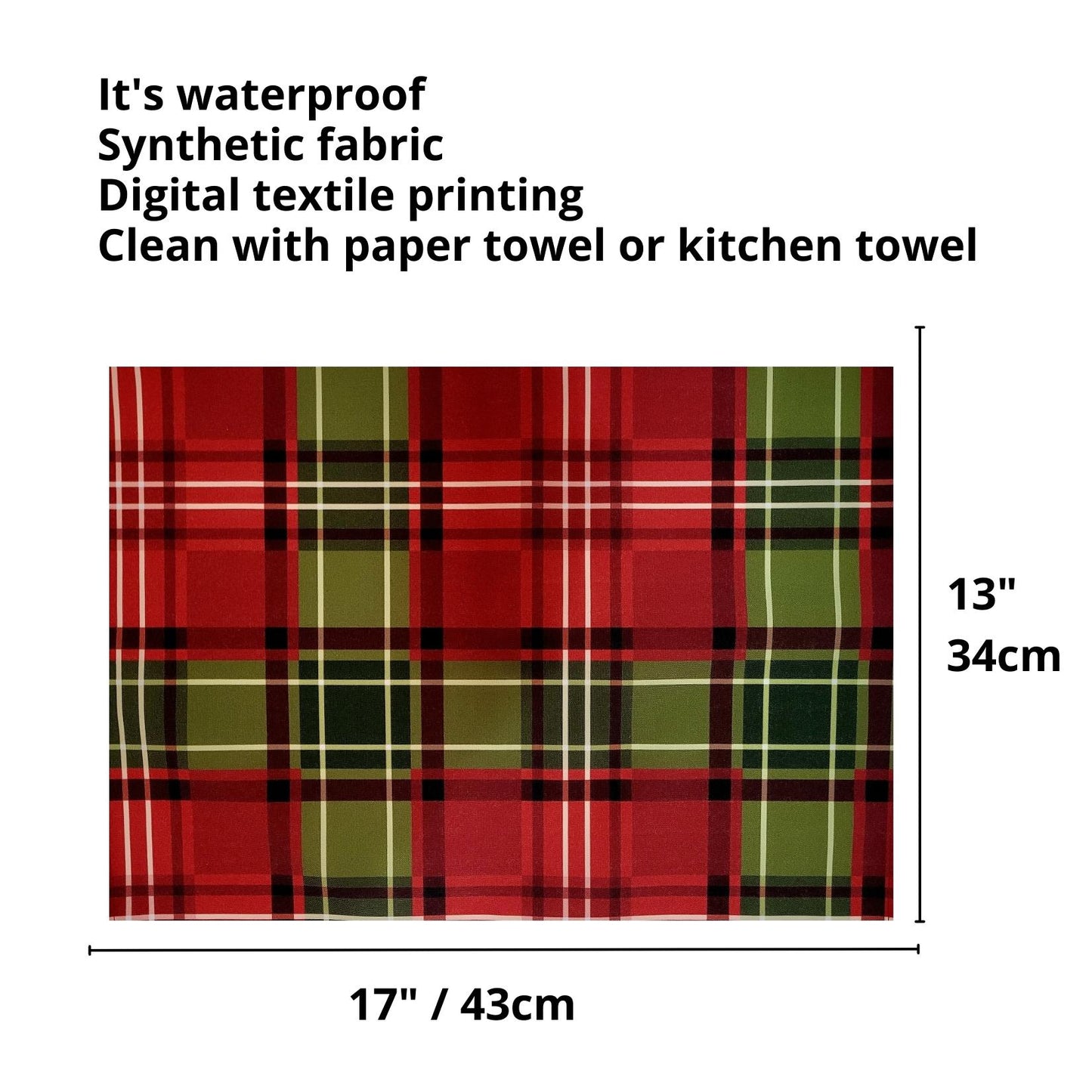 Set of 4 Placemats Christmas Plaid Cloth Waterproof 17" by 13" -Red