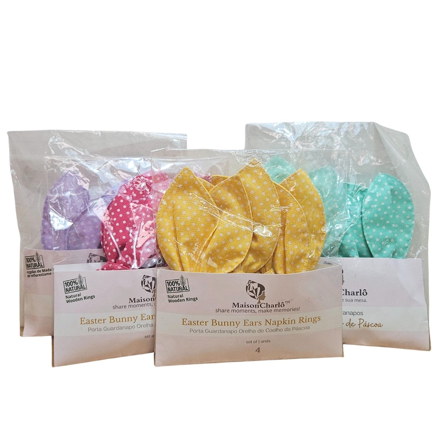 Maison Charlo | Easter Set of 4 Polka Dot Pink Bunny Ears Napkin Rings | Dining Table Decor