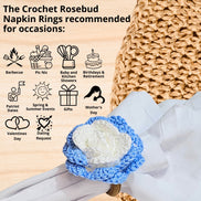 Charlo's Set of 6 Blue White Crochet Rosebud Flower Napkin Rings for Dinner Table Decor, Handmade, Table setting