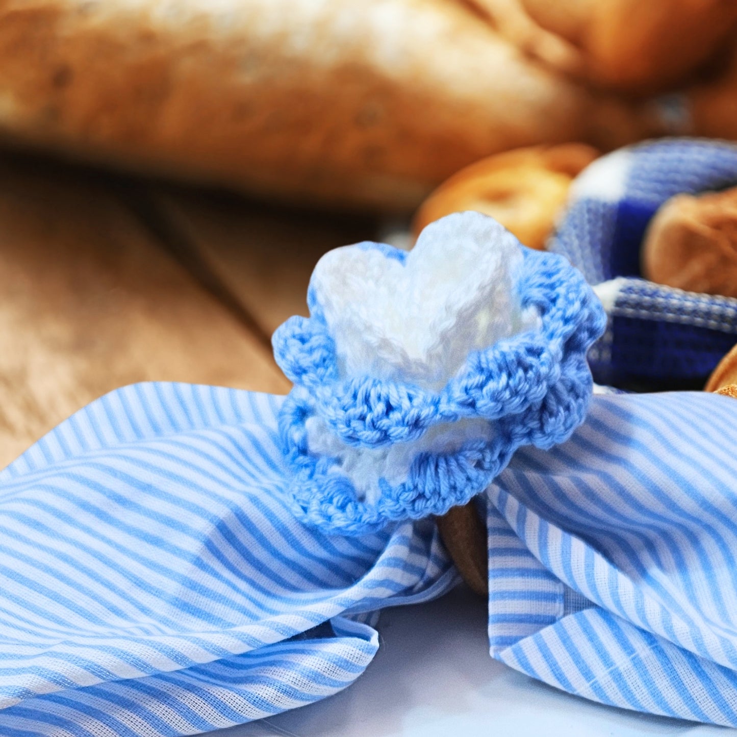 Charlo's Set of 6 Blue White Crochet Rosebud Flower Napkin Rings for Dinner Table Decor, Handmade, Table setting