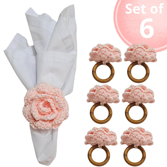 Charlo's Set of 6 Baby Pink Crochet Rosebud Flower Napkin Rings for Dinner Table Decor, Handmade, Table setting