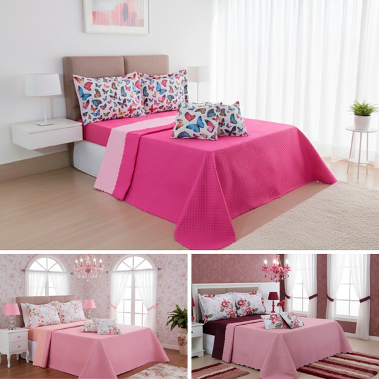 Kit 6 Peças Cobre Leito Colcha e Lençol Casal Queen Provence