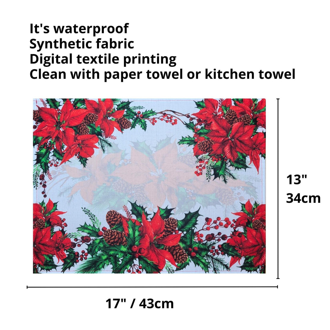 Conjunto de 4 Jogos Americanos de Natal Maravilhosos com Estampa Floral em Tecido Impermeável 43 x 33 cm - Vermelho Escuro
