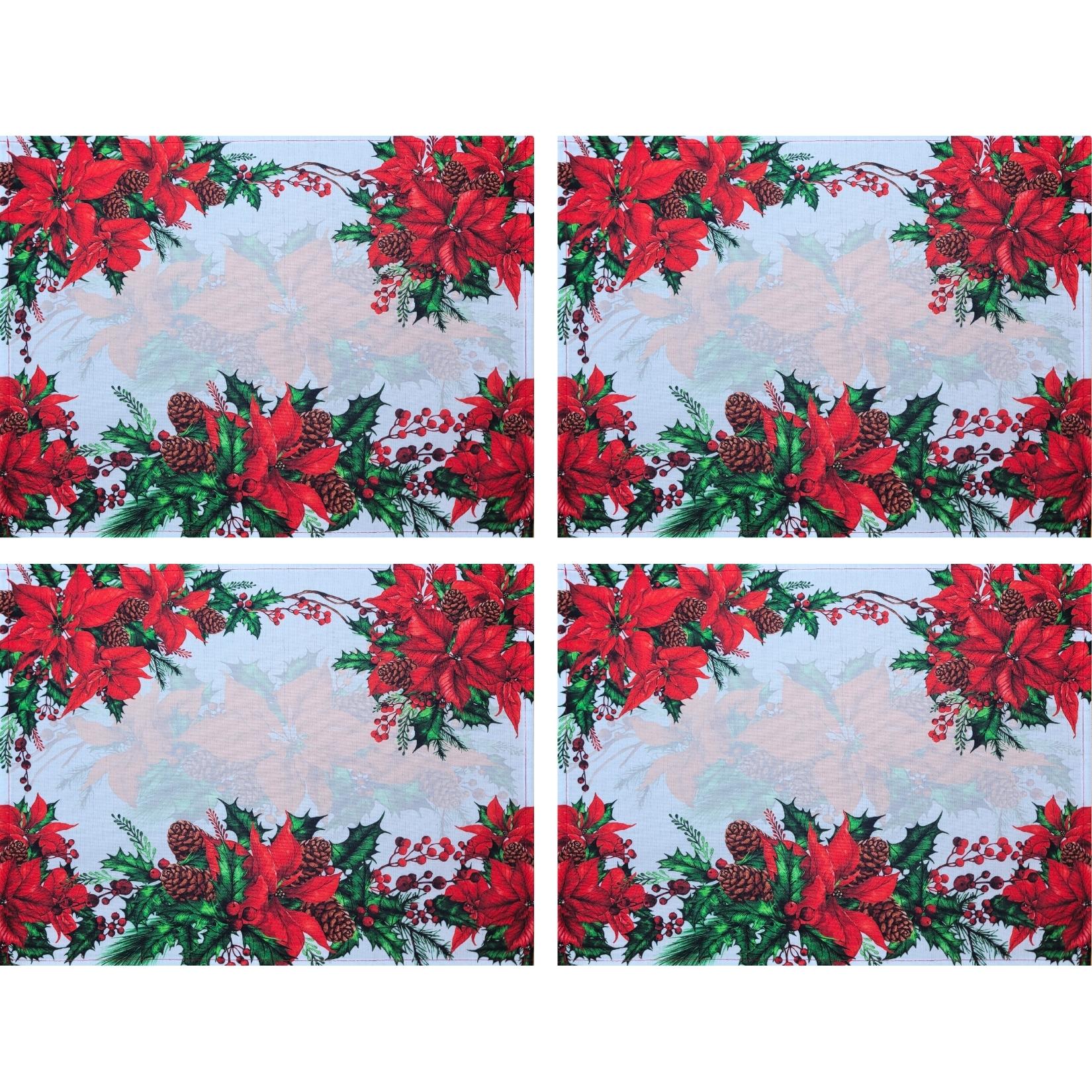 Conjunto de 4 Jogos Americanos de Natal Maravilhosos com Estampa Floral em Tecido Impermeável 43 x 33 cm - Vermelho Escuro
