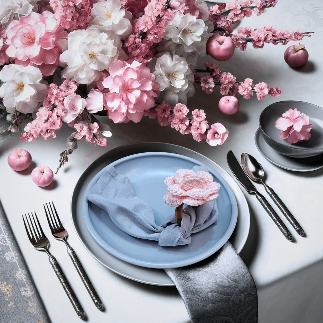 Charlo's Set of 6 Baby Pink Crochet Rosebud Flower Napkin Rings for Dinner Table Decor, Handmade, Table setting