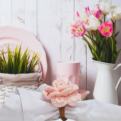Charlo's Set of 6 Baby Pink Crochet Rosebud Flower Napkin Rings for Dinner Table Decor, Handmade, Table setting