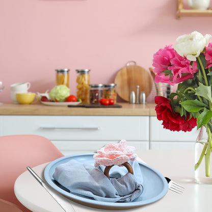 Charlo's Set of 6 Baby Pink Crochet Rosebud Flower Napkin Rings for Dinner Table Decor, Handmade, Table setting