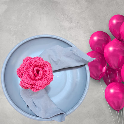 Charlo's Set of 6 Pink Crochet Rosebud Flower Napkin Rings for Dinner Table Decor, Handmade, Table setting