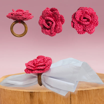 Charlo's Set of 6 Pink Crochet Rosebud Flower Napkin Rings for Dinner Table Decor, Handmade, Table setting