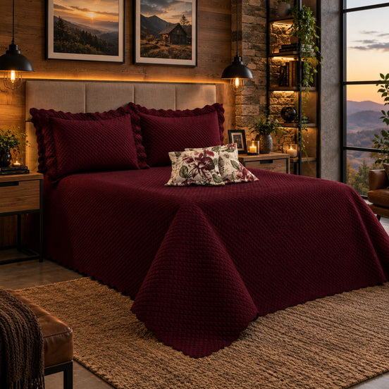 Maison Charlo Soft Florence Reversible Full/Double Bedspread Set – Burgundy – 5 Pieces