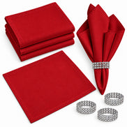 Maison Charlo Set of 4 Red Basic Cloth Napkins 16 × 16 in with Silver Stretchable Napkin Rings