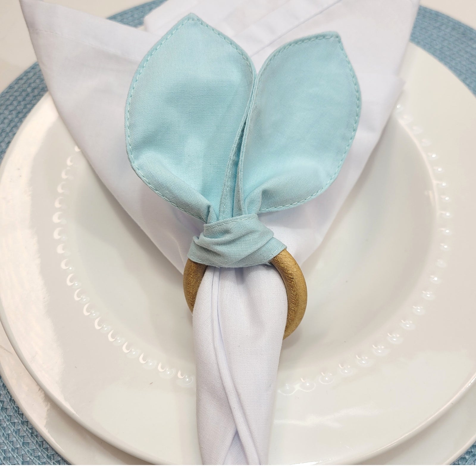 Maison Charlo | Anéis de Guardanapo Orelhas de Coelhinho Azul Turquesa Conjunto de 4 para Páscoa | Decoração de Mesa de Jantar