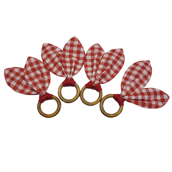 Maison Charlo | Anéis de Guardanapo de Orelhas de Coelhinho Xadrez Rosa Vermelho - Conjunto de 4 de Páscoa | Decoração para Mesa de Jantar