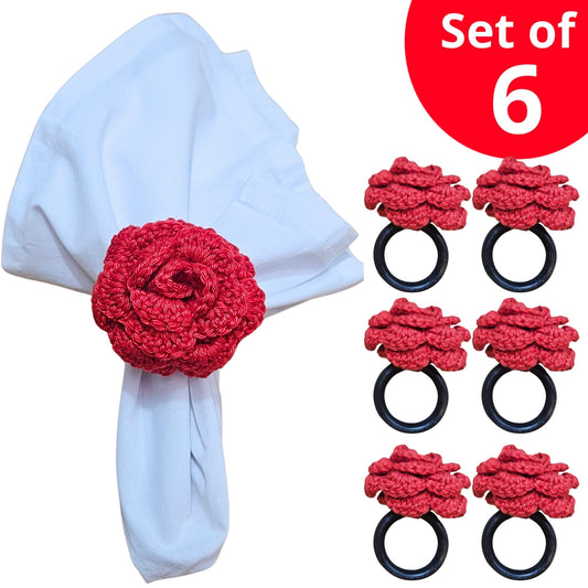 Charlo's Set of 6 Red Crochet Rosebud Flower Napkin Rings for Dinner Table Decor, Handmade, Table setting