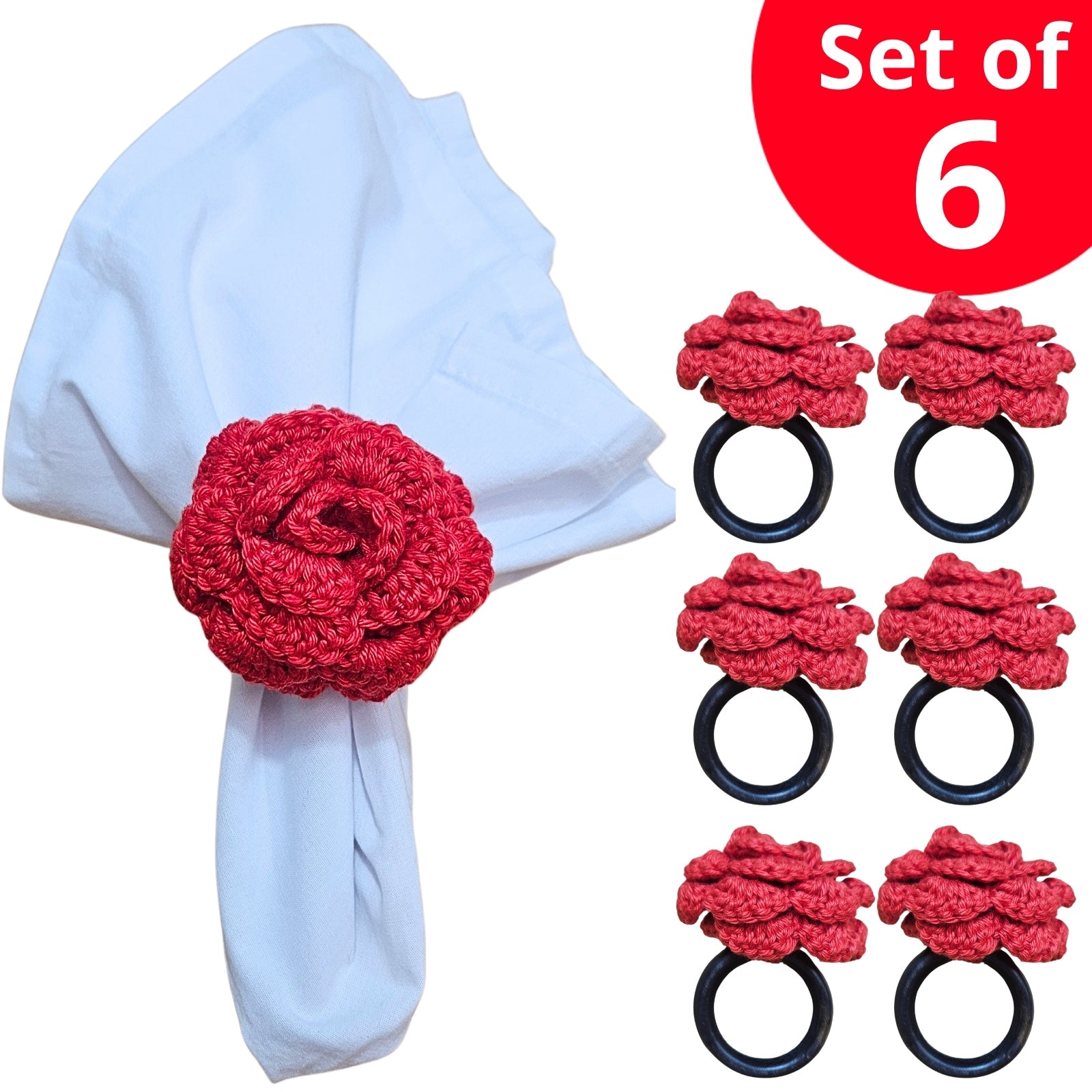 Charlo's Set of 6 Red Crochet Rosebud Flower Napkin Rings for Dinner Table Decor, Handmade, Table setting
