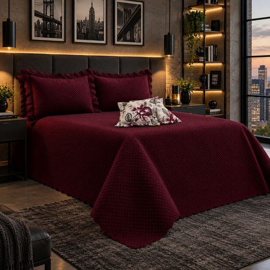 Maison Charlo Soft Florence Reversible Full/Double Bedspread Set – Burgundy – 5 Pieces