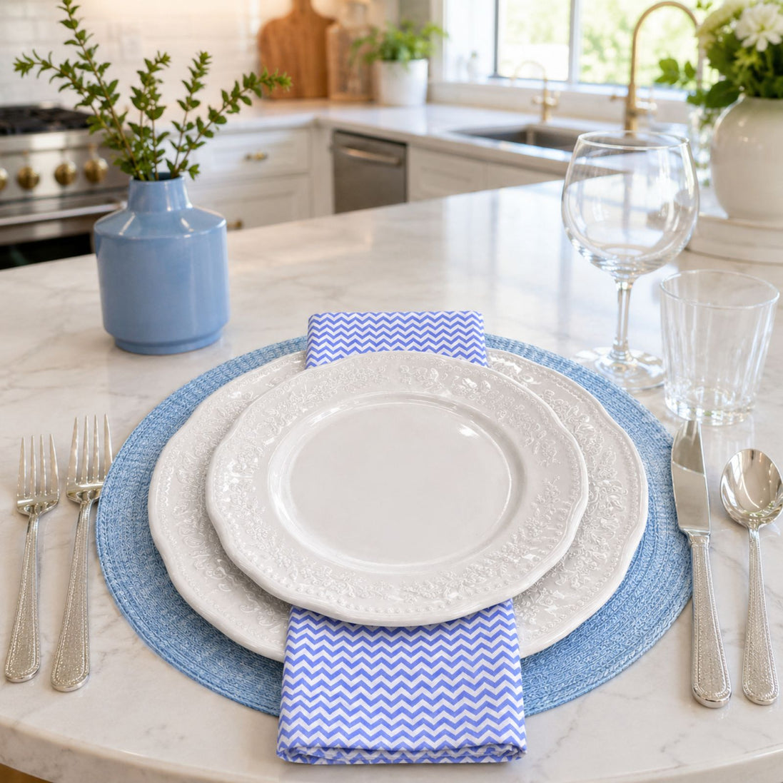 Charlo's Conjunto de 4 Guardanapos de Pano 100% Algodão Listrado Azul 38cm x 38cm Lavável Reutilizável