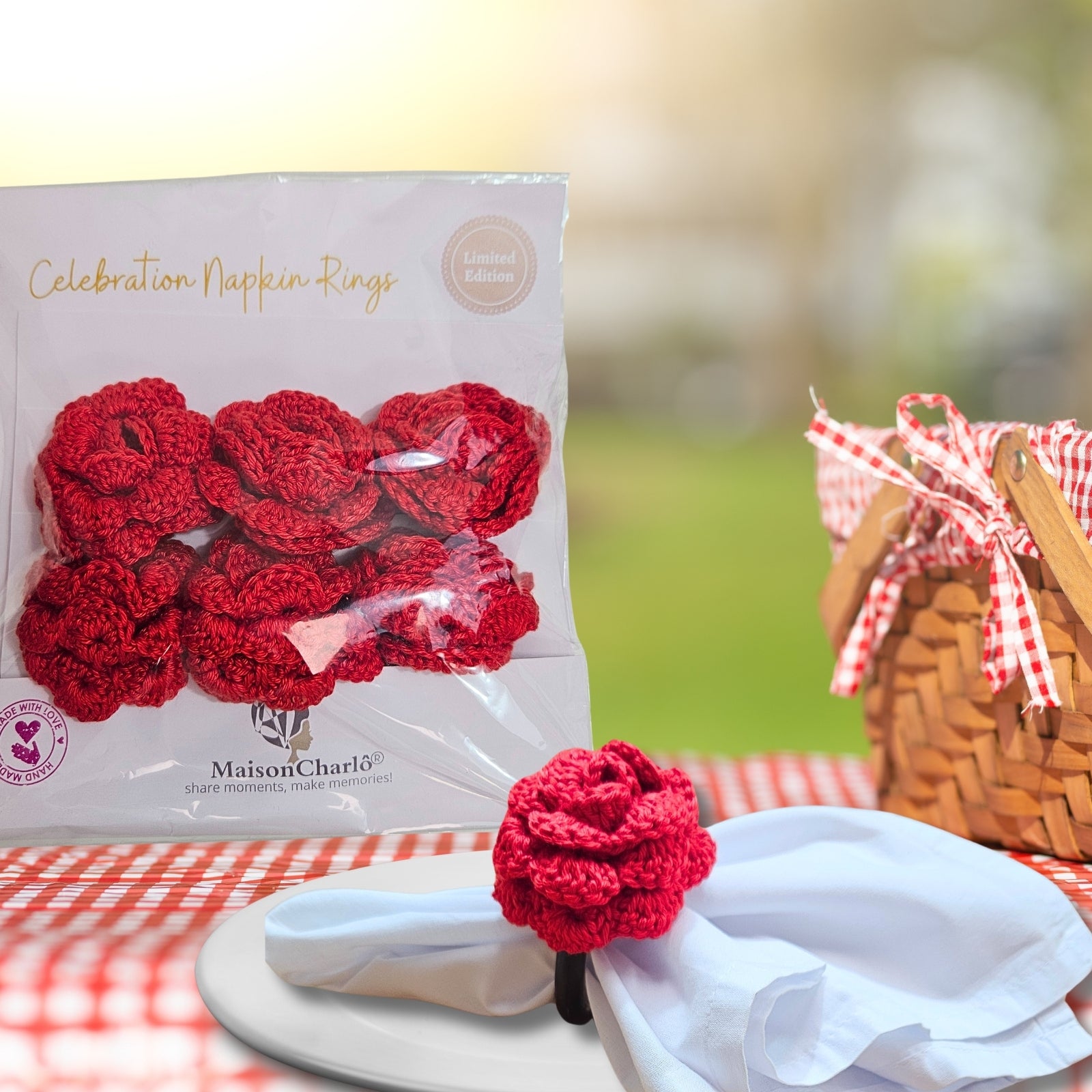 Charlo's Set of 6 Red Crochet Rosebud Flower Napkin Rings for Dinner Table Decor, Handmade, Table setting