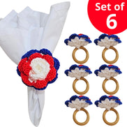 Charlo's Set of 6 USA Patriot Crochet Rosebud Napkin Rings for Independence Day, 4th of July, Memorial Day