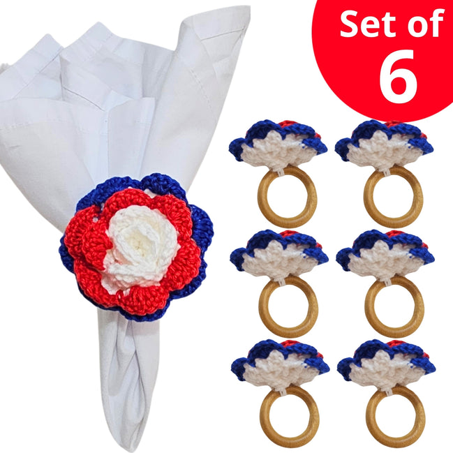 Charlo's Set of 6 USA Patriot Crochet Rosebud Napkin Rings for Independence Day, 4th of July, Memorial Day