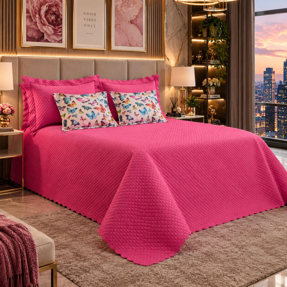 Maison Charlo Soft Florence Reversible Queen Bedspread Set – Pink – 5 Pieces