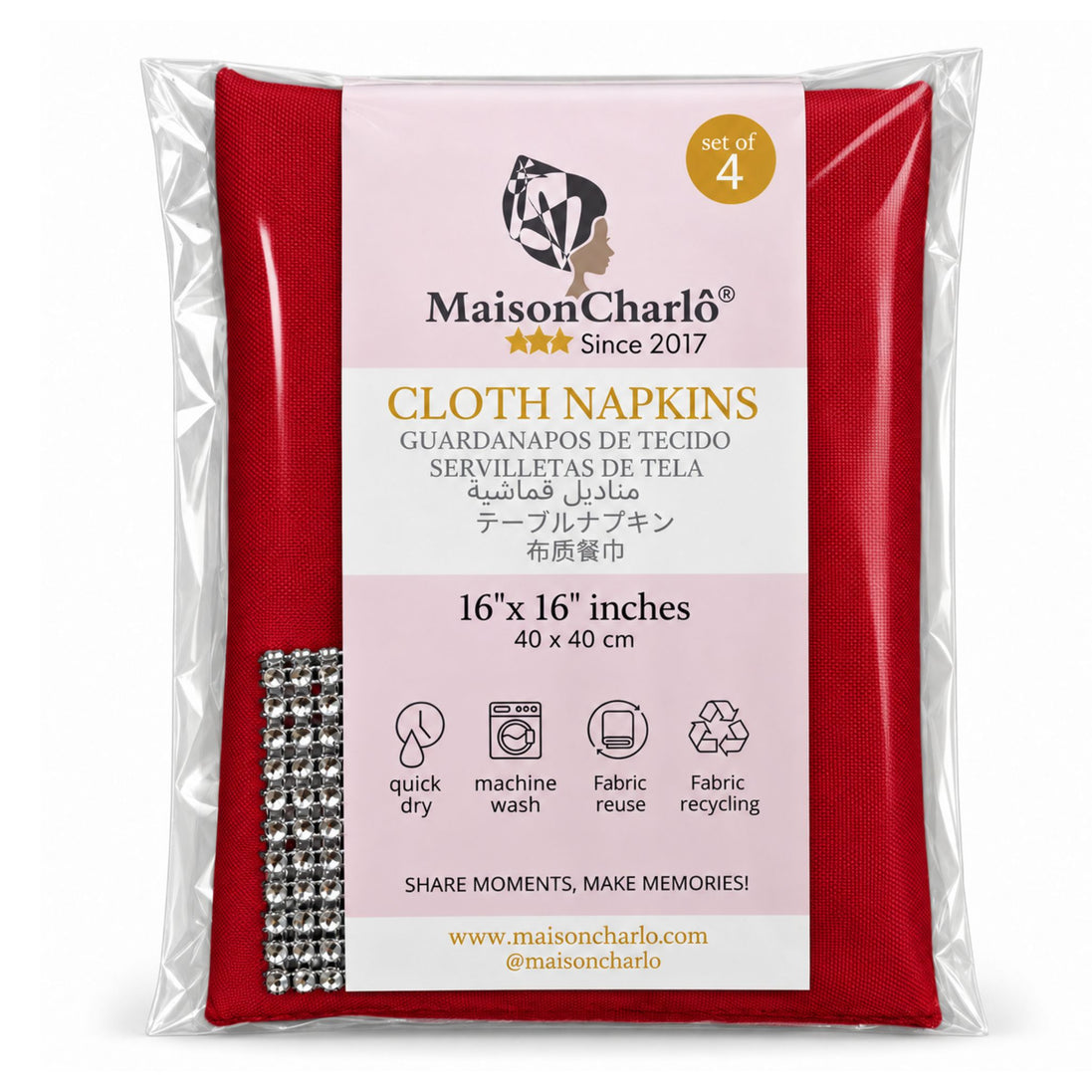 Maison Charlo Set of 4 Red Basic Cloth Napkins 16 × 16 in with Silver Stretchable Napkin Rings