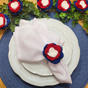 Charlo's Set of 6 USA Patriot Crochet Rosebud Napkin Rings for Independence Day, 4th of July, Memorial Day