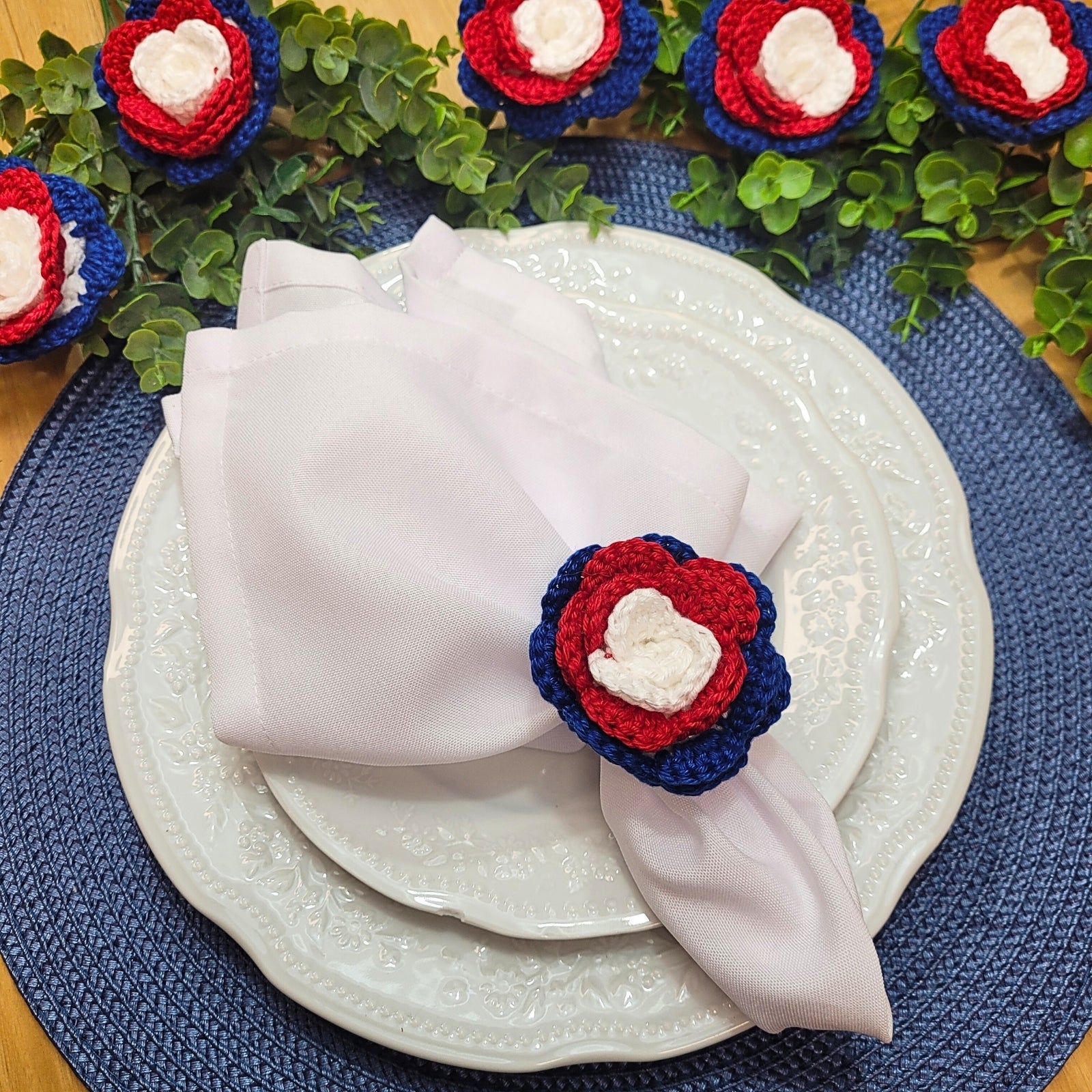 Charlo's Set of 6 USA Patriot Crochet Rosebud Napkin Rings for Independence Day, 4th of July, Memorial Day
