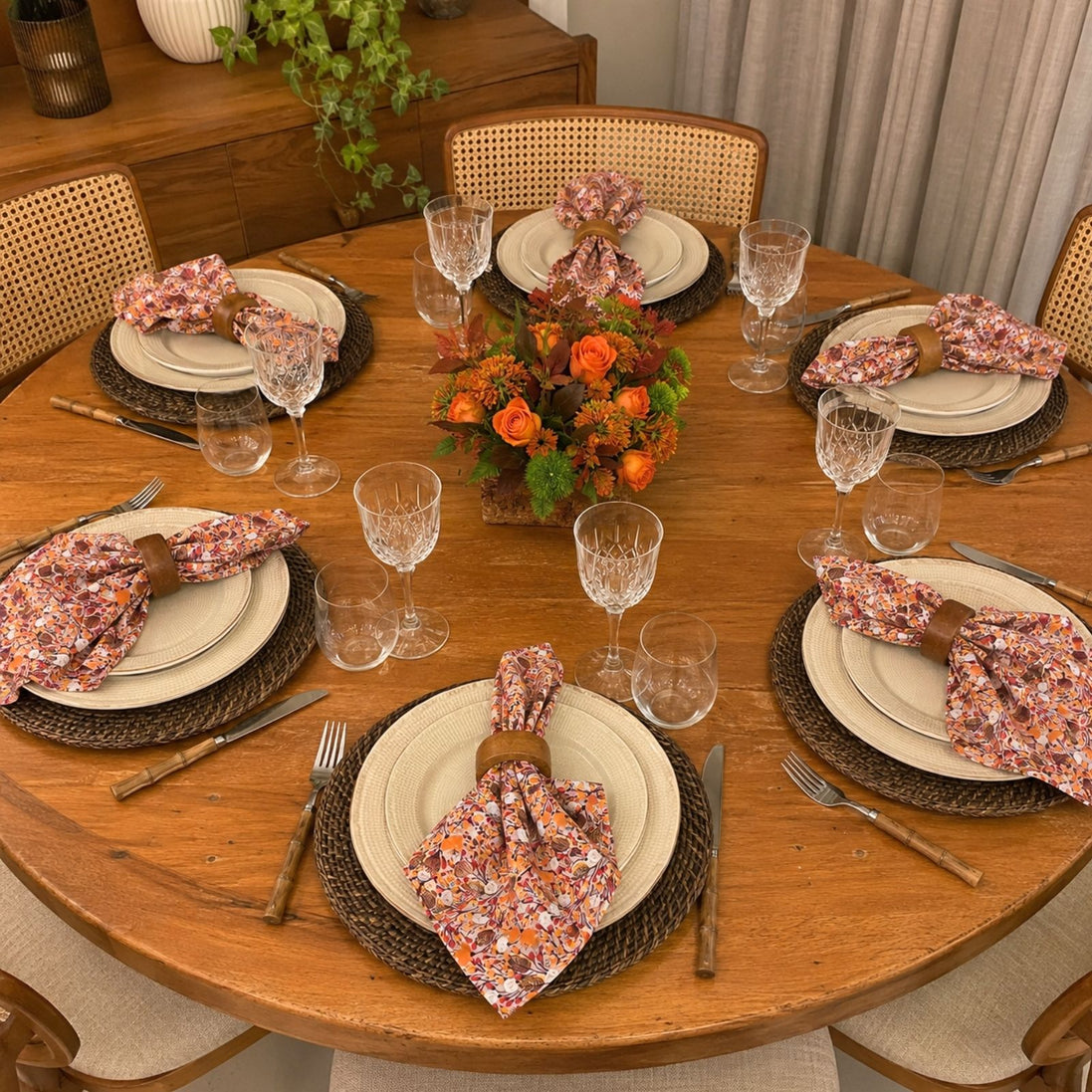 Charlo's Set of 4 Orange 100% Cotton Floral Cerrado Cloth Napkins 15" by 15"
