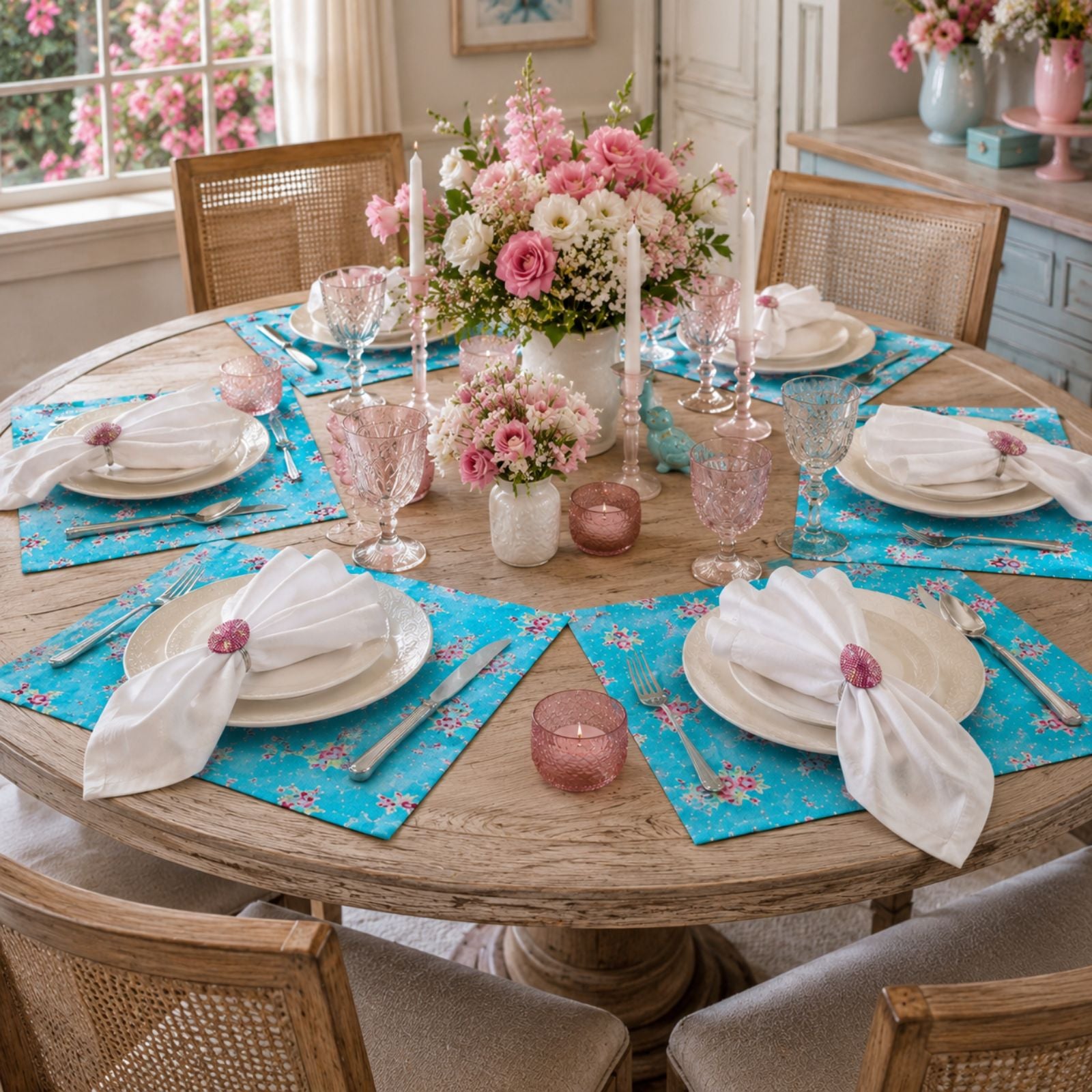 Charlo's Set of 4 Rectangular Placemats Spring Turquoise and Pink 18
