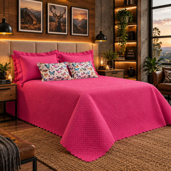 Maison Charlo Soft Florence Reversible Full/Double Bedspread Set – Pink – 5 Pieces