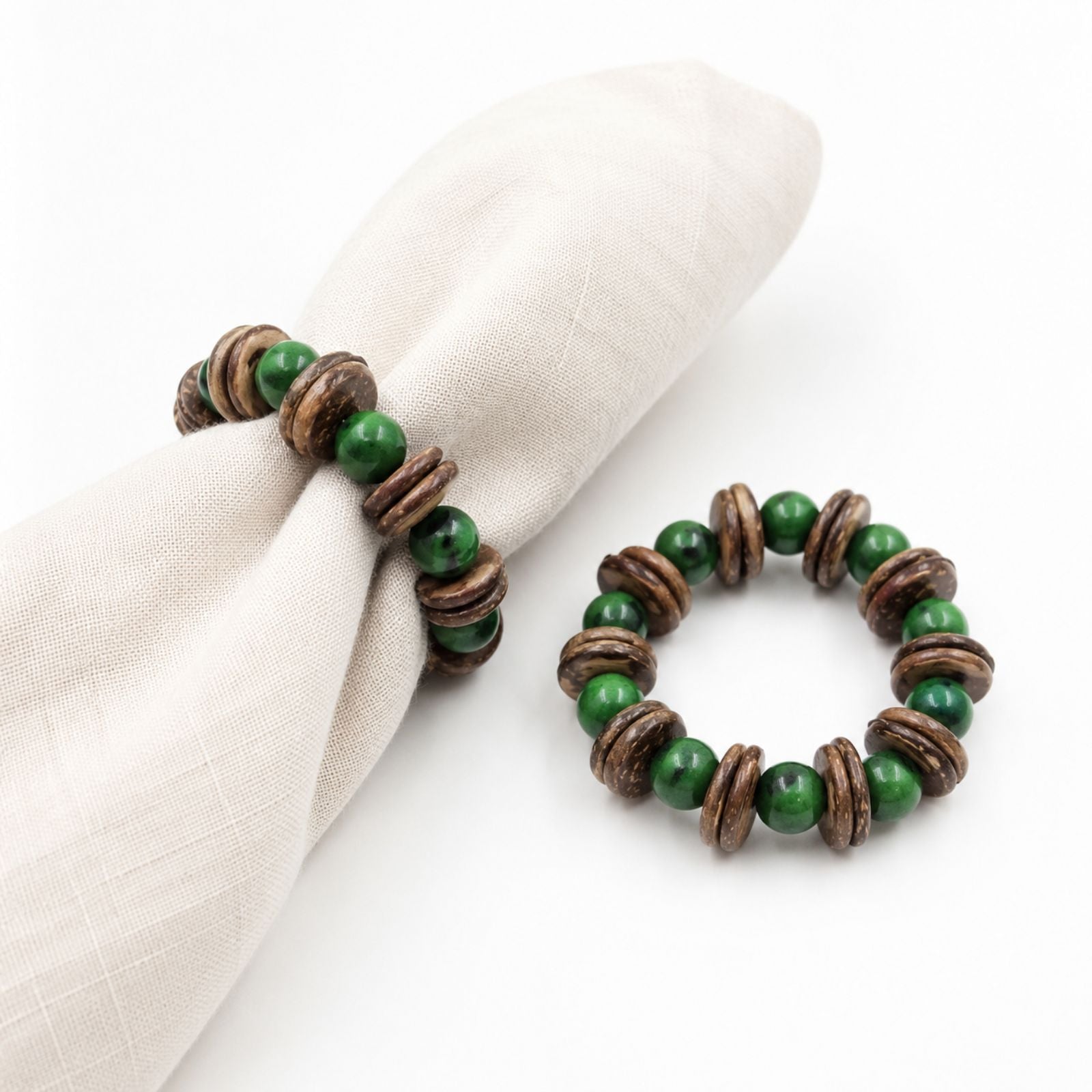BIOJewelry Set of 2 Green Arguaçu Amazonian Napkin Rings – Babaçu Shells & Açaí Seeds