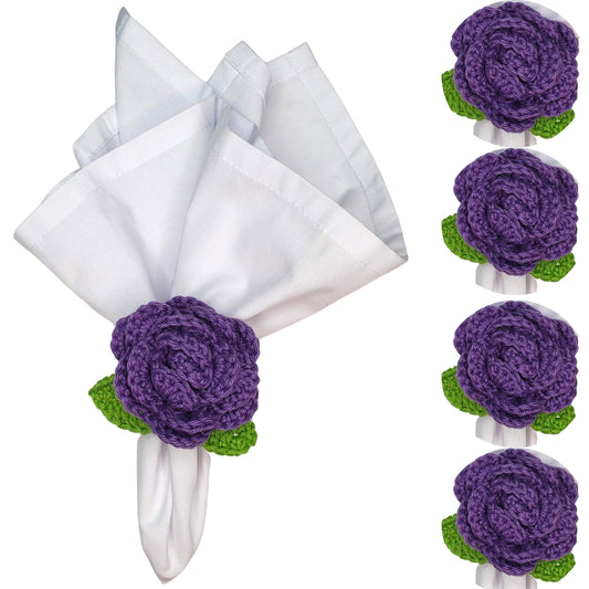 Charlo's Set of 4 Purple Crochet Rosebud Napkin Rings, High Quality Products, handmade, gifts