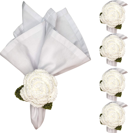 Charlo's Set of 4 White Crochet Rosebud Napkin Rings, High Quality Products, handmade, gifts