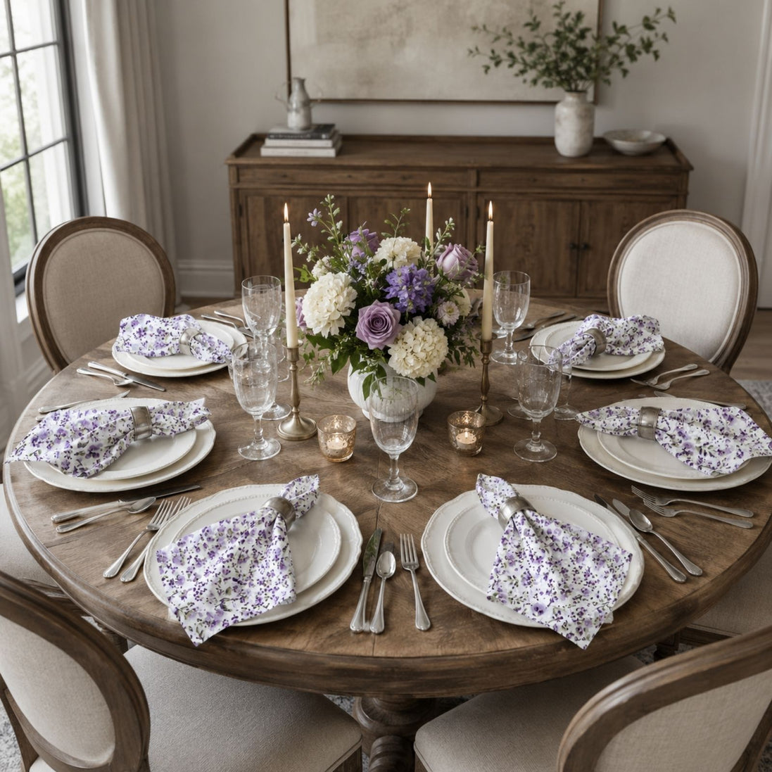 Charlo's Set of 4 Purple 100% Cotton Floral Cloth Napkins 15" by 15"