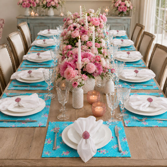 Charlo's Set of 4 Rectangular Placemats Spring Turquoise and Pink 18" x 12"