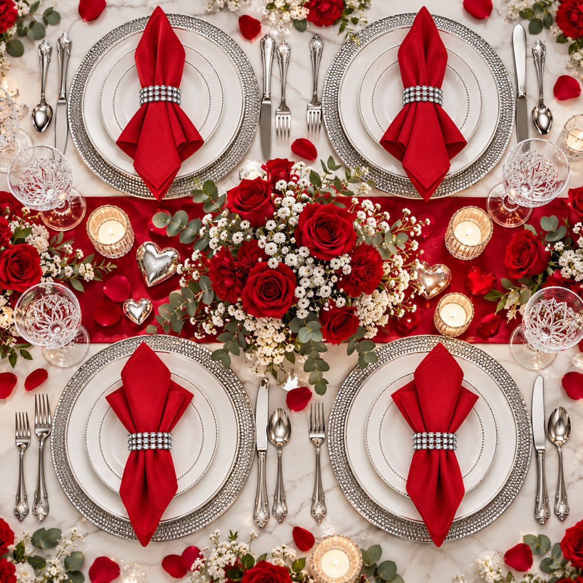 Maison Charlo Set of 4 Red Basic Cloth Napkins 16 × 16 in with Silver Stretchable Napkin Rings