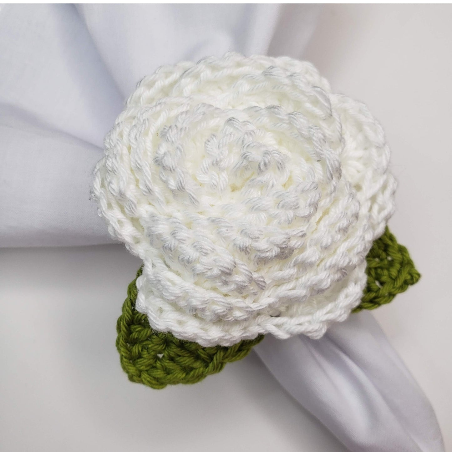 Charlo's Set of 4 White Crochet Rosebud Napkin Rings, High Quality Products, handmade, gifts