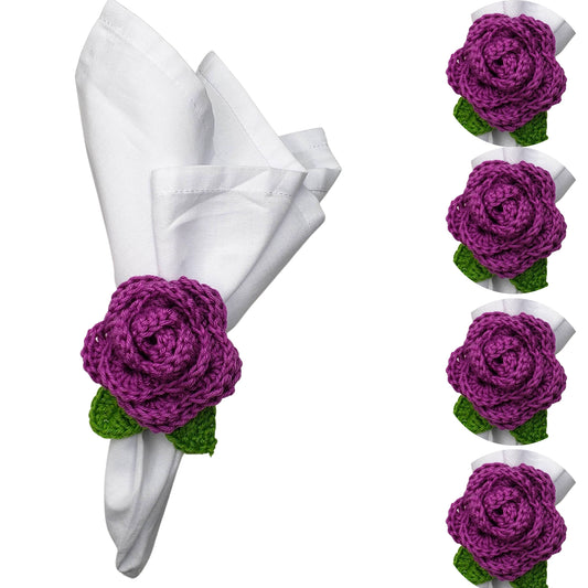 Charlo's Set of 4 Fucsia Crochet Rosebud Napkin Rings, High Quality Products, handmade, gifts
