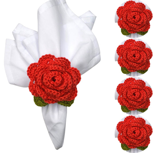 Charlo's Set of 4 Red Crochet Rosebud Napkin Rings, High Quality Products, gifts,