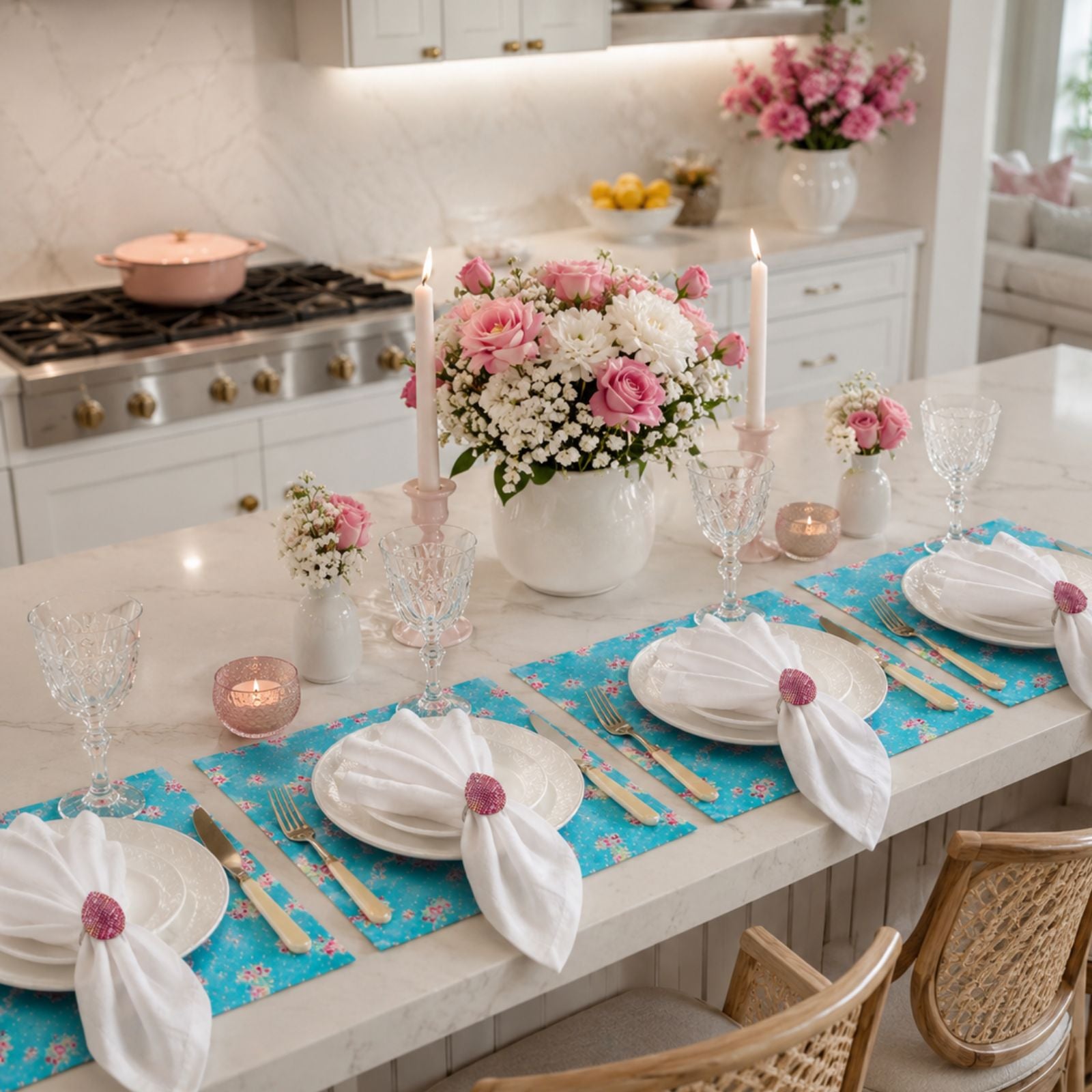 Charlo's Set of 4 Rectangular Placemats Spring Turquoise and Pink 18