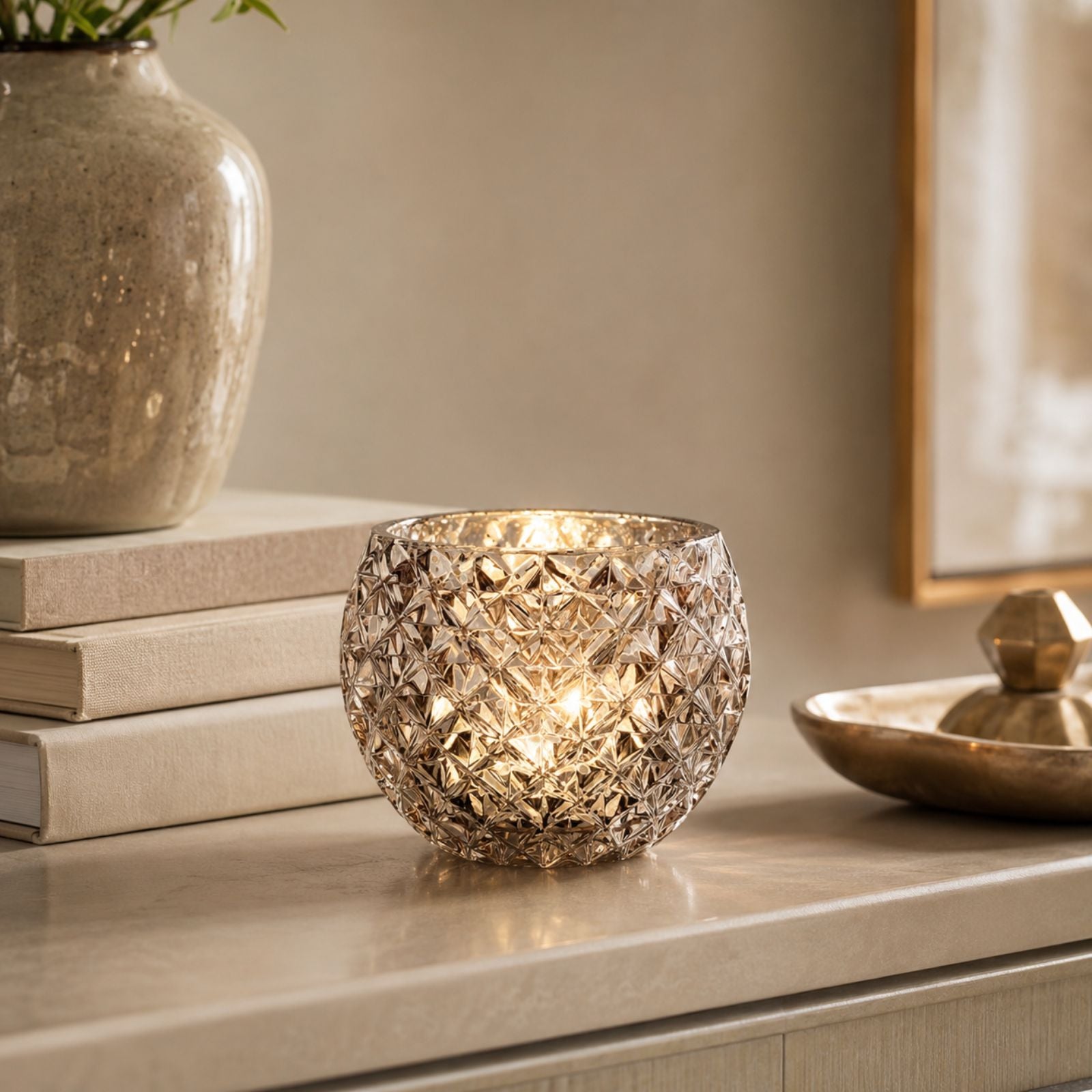 Champagne Silver Glass Candle Holder – Round Decorative Votive 3.15 in dia 2.36